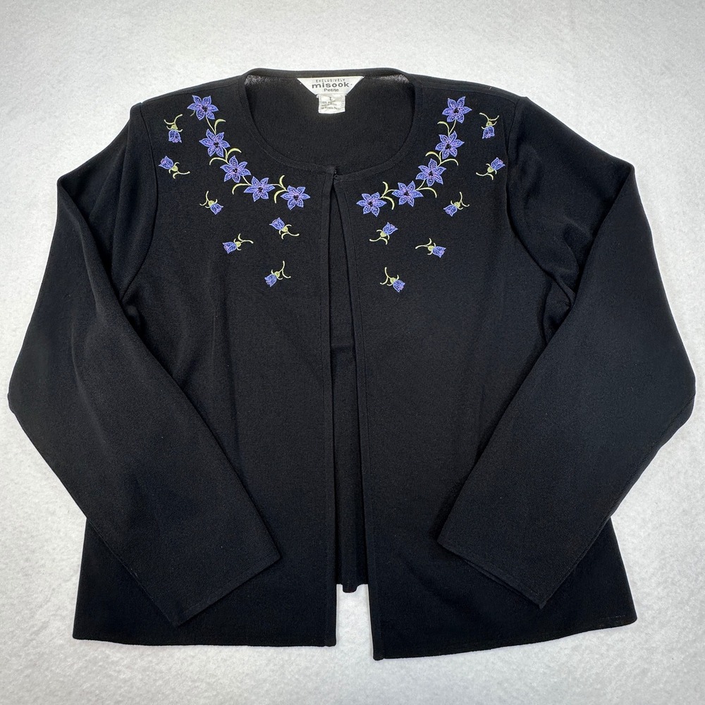 Misook‎ Cardigan Jacket Womens Large Petite Black Floral Embroidered Beaded Knit